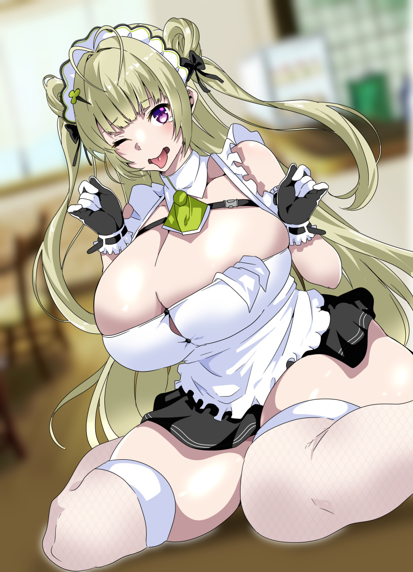 1girl absurdres antenna_hair apron arm_up belt black_dress blush breasts button_gap commentary dress eyebrows_hidden_by_hair garter_straps gloves goddess_of_victory:_nikke green_hair green_ribbon hair_ornament hairclip highres huge_breasts indoors long_hair looking_at_viewer macho_(user_jxrj2428) maid_headdress mole mole_on_breast open_mouth panties pink_eyes ribbon skindentation sleeveless sleeveless_dress soda_(nikke) solo teeth thick_thighs thigh_gap thighhighs thighs tongue tongue_out underwear upper_teeth_only very_long_hair waist_apron white_apron white_dress white_gloves white_panties white_thighhighs