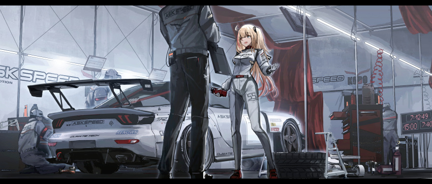1girl 4boys black_pants blonde_hair brand_name_imitation car commentary garage gloves haguruma_c highres jacket logo_parody long_hair long_sleeves looking_at_another mazda_rx-7 monitor motor_vehicle multiple_boys open_mouth original pants people race_vehicle racecar racing_suit spoiler_(automobile) symbol-only_commentary talking vehicle_focus white_gloves white_headwear white_jacket