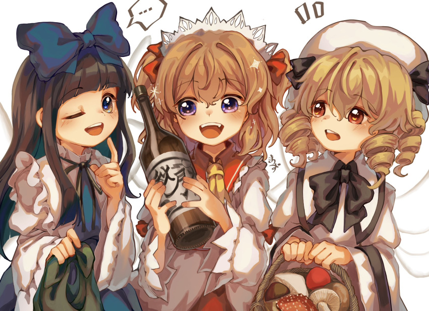 3girls ascot bag basket black_bow black_hair black_ribbon blonde_hair blue_bow blue_dress blue_eyes bottle bow brown_eyes brown_hair dress drill_hair fang frilled_shirt_collar frills highres holding holding_bag holding_basket holding_bottle light_blush long_hair long_sleeves luna_child matsukuzu multiple_girls mushroom one_eye_closed open_mouth orange_eyes orange_hair purple_eyes red_dress ribbon short_hair star_sapphire sunny_milk touhou touhou_sangetsusei white_dress white_headwear white_sleeves wide_sleeves yellow_ascot