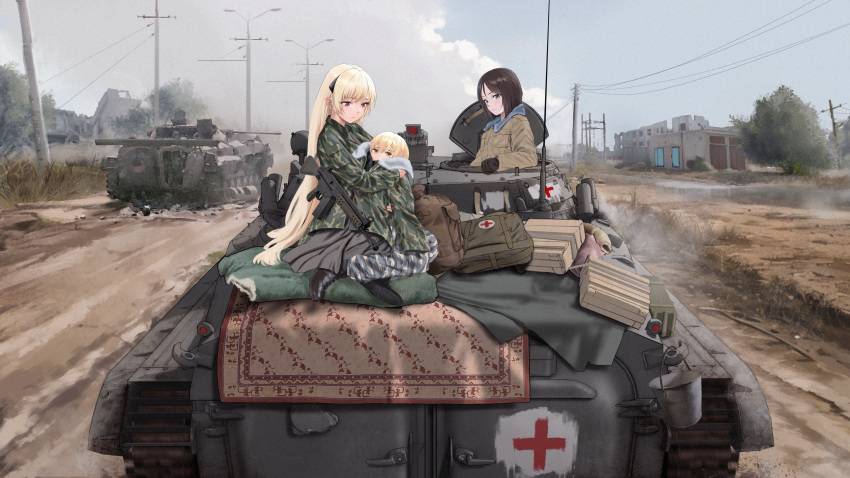 absurdres battle_rifle black_gloves blonde_hair bmp-2 breast_pocket brown_coat camouflage camouflage_jacket chechen_war chinese_commentary cloud cloudy_sky coat cross crossover fur-trimmed_coat fur_trim g3_(girls'_frontline) girls'_frontline girls_und_panzer gloves gun h&amp;k_g3 highres jacket lzbt_kpv military military_vehicle nonna_(girls_und_panzer) pocket power_lines red_cross rifle rug ruins russian_text sky smoke_grenade_launcher treads weapon