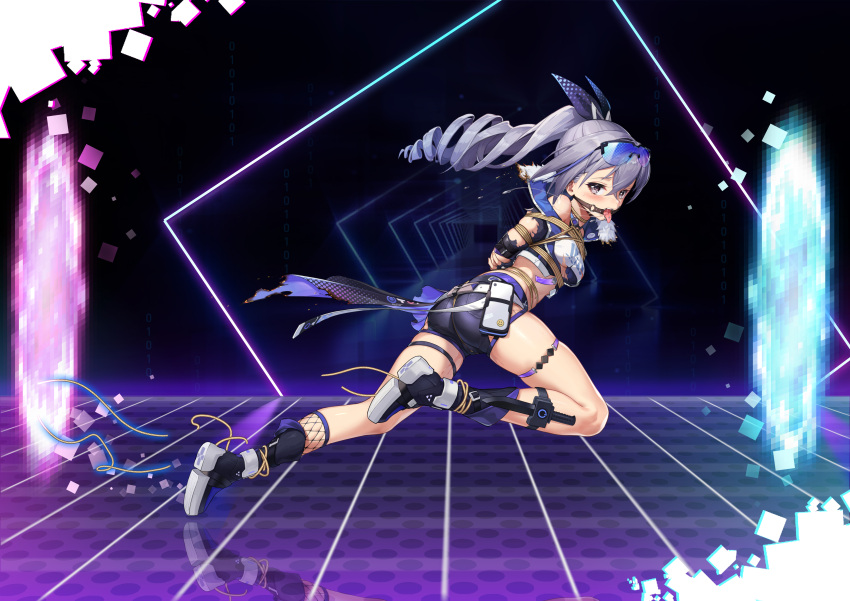 1girl absurdres arms_behind_back ass bare_shoulders bdsm black_footwear black_shorts blush bondage boots bound breasts cellphone chinese_commentary commentary_request commission crop_top drill_hair eyewear_on_head gagged grey_eyes grey_hair hair_ribbon highres honkai:_star_rail honkai_(series) knife leg_holster long_hair looking_at_viewer midriff phone ponytail purple_ribbon ribbon rope second-party_source shinebell shirt short_shorts shorts silver_wolf_(honkai:_star_rail) skindentation small_breasts smartphone solo sunglasses thigh_strap thighs tongue tongue_out weapon white_shirt