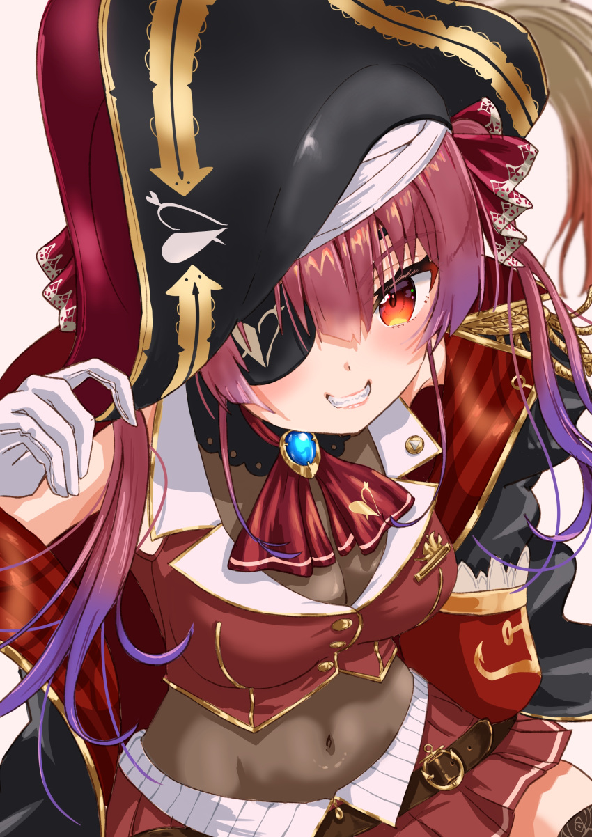 1girl absurdres arrow_through_heart ascot black_choker black_coat black_headwear breasts choker coat covered_navel cropped_jacket frilled_choker frills gloves hair_ribbon hat highres hololive houshou_marine houshou_marine_(1st_costume) large_breasts leotard leotard_under_clothes lingmu long_hair miniskirt pirate_hat red_ascot red_coat red_eyes red_hair red_ribbon red_skirt ribbon skirt sleeveless sleeveless_jacket smile solo twintails two-sided_coat virtual_youtuber white_gloves