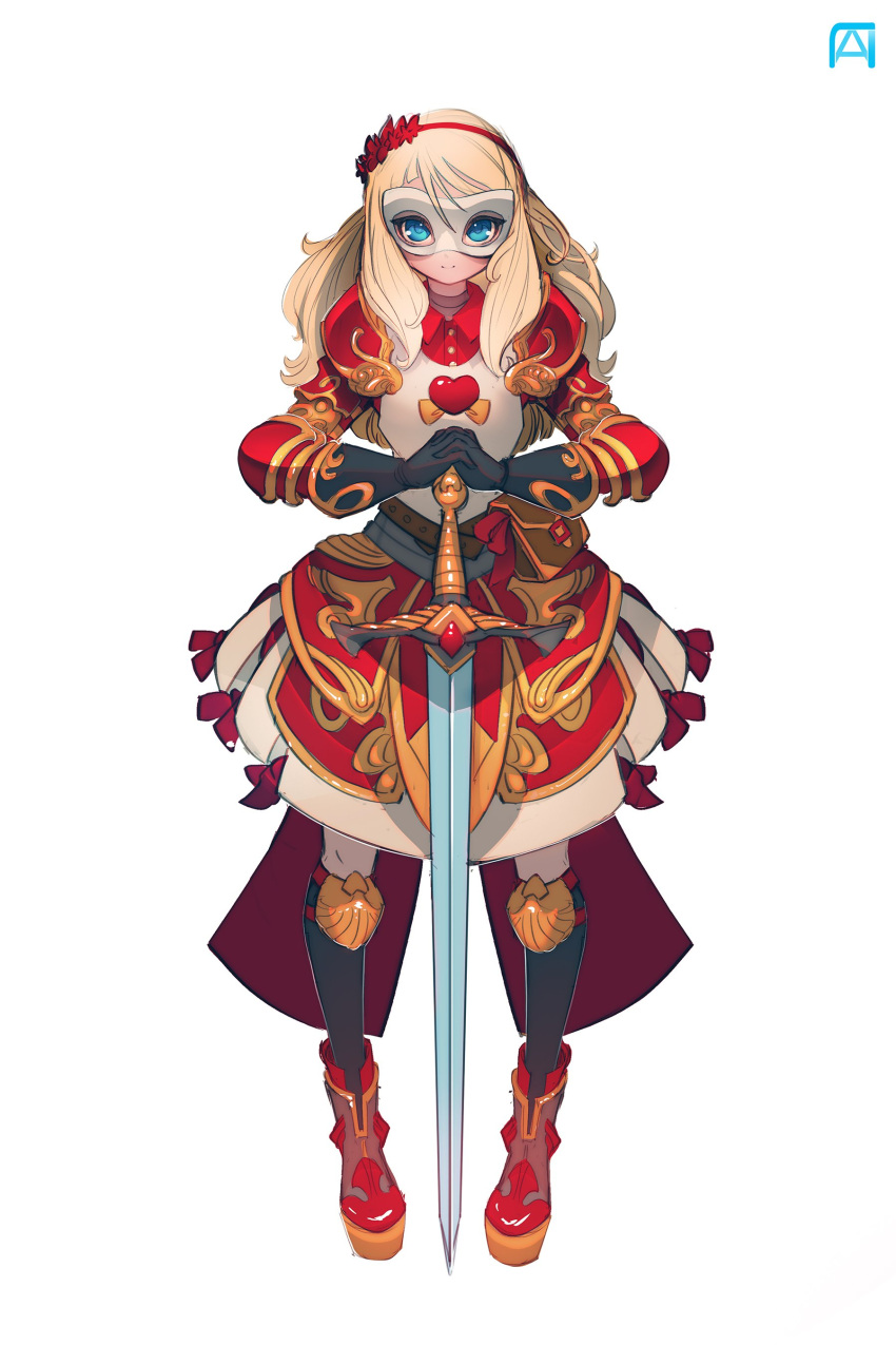 1girl absurdres armor blonde_hair blue_eyes boots domino_mask full_body hairband highres long_hair mask original pechan princess simple_background solo standing sword weapon white_background