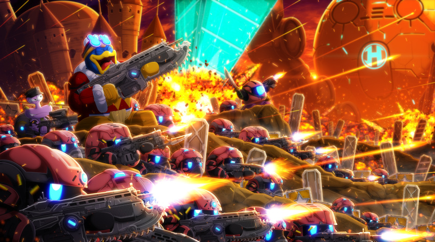 access_ark army castle escargon explosion firing gears_of_war goggles goggles_on_head gun hat helldoron highres holding holding_gun holding_weapon king_dedede kirby:_planet_robobot kirby:_right_back_at_ya kirby_(series) lancer_(weapon) laughing military_hat power_armor shell_casing smirk sword waddle_dee waddle_doo war weapon