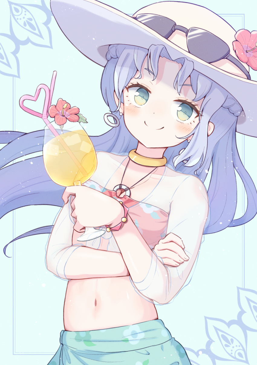 1girl bikini blue_eyes blue_shirt bracelet braid crazy_straw crop_top crossed_arms drink drinking_straw earrings eyelashes eyewear_on_headwear flower gold_necklace hat hat_flower heart_straw hibiscus highres holding holding_drink ice ice_cube jazz_grace jewelry long_hair looking_at_viewer madou_monogatari navel necklace o-ring o-ring_bikini puyopuyo red_flower rulue_(puyopuyo) shirt smile solo split_mouth sunglasses swimsuit white_headwear