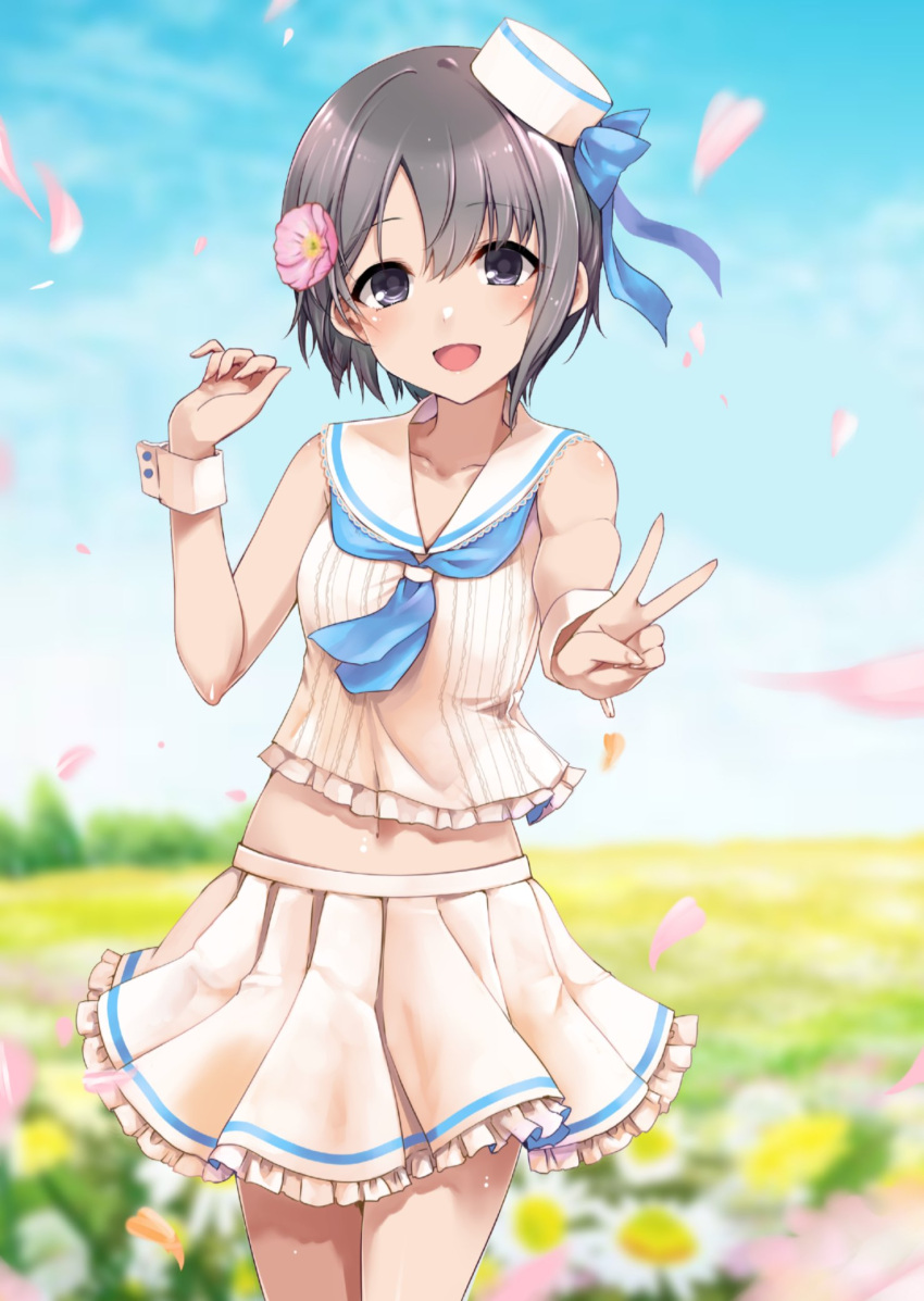 1girl bare_shoulders black_eyes black_hair blue_ribbon blue_sailor_collar blush breasts cloud cloudy_sky collarbone day falling_petals field flower flower_field grey_hair hair_flower hair_ornament hat highres idolmaster idolmaster_cinderella_girls idolmaster_cinderella_girls_starlight_stage looking_at_viewer midriff_peek mini_hat navel open_mouth otokura_yuuki paopao petals pleated_skirt reaching_towards_viewer ribbon sailor_collar shirt short_hair skirt sky small_breasts smile solo tree v white_shirt white_skirt white_wrist_cuffs