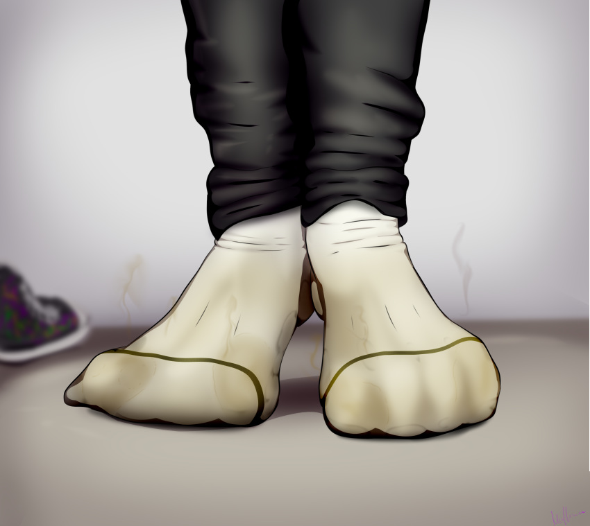 absurd_res anthro canid canine canis claws clothing domestic_dog feet filth footwear fox grime hi_res invalid_tag male mammal muffinvinvin paws rank smell smelly socks solo tops unwashed white wolf worn