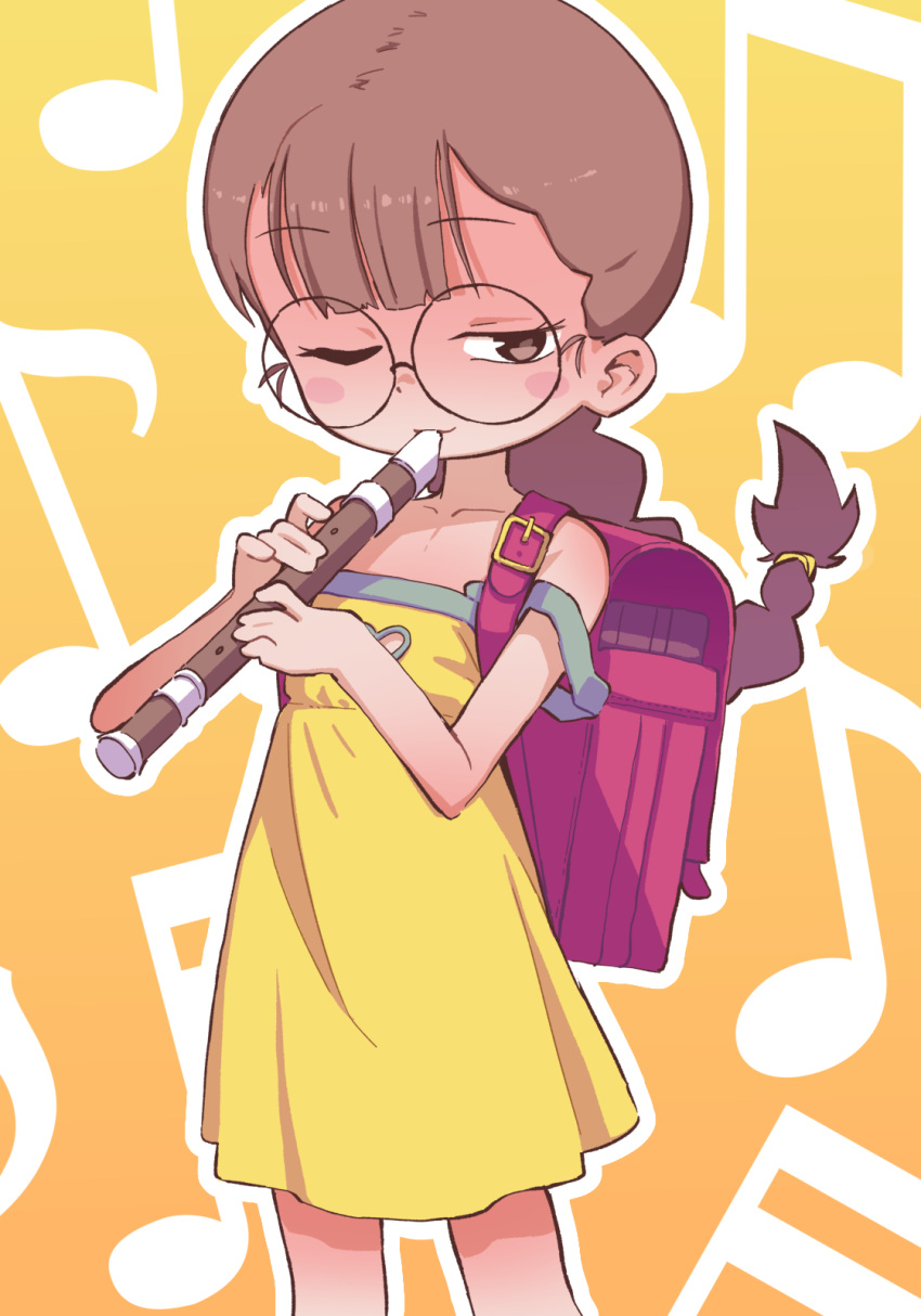 1girl backpack bag bare_shoulders blush_stickers brown_hair clothing_cutout commentary cowboy_shot dress flute glasses gradient_background heart_cutout highres holding_recorder instrument looking_at_viewer music musical_note musical_note_background one_eye_closed orange_background orenji_(wholesomeorenji) original playing_instrument randoseru recorder round_eyewear simple_background sleeveless sleeveless_dress solo standing strap_slip yellow_background yellow_dress