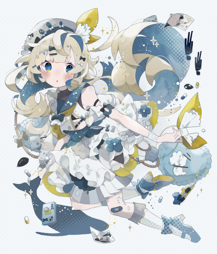 1girl :o ankle_bow ankle_strap arm_strap armpits bandaged_wrist bandages bandaid bandaid_on_face bandaid_on_knee bandaid_on_leg bare_shoulders black_bra blonde_hair blue_corset blue_eyes blue_hair blue_sailor_collar blue_whale blush bow boxcutter bra breasts buttons cellphone corset cushion detached_sleeves dotted_background dress film_grain floating_hair flower_ornament halftone high_heels highres holding layered_dress looking_to_the_side mary_janes miniko_0325 multicolored_hair multiple_hairpins neckerchief no_nose nose original petticoat phone photo_(object) pill puffy_detached_sleeves puffy_sleeves ribbon_hair_ornament rope sailor_collar shoes small_breasts smartphone socks solo sparkle stitched two-tone_hair underboob underwear white_headwear white_socks