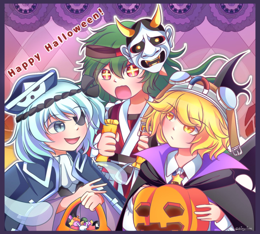 ascot aya_(shiny_vixen) black_capelet blonde_hair blue_capelet blue_eyes blue_hair blue_headwear bucket candy capelet collared_shirt eyepatch food fujiwara_no_iyozane green_hair halloween halloween_bucket halloween_costume hat highres holding holding_food holding_pumpkin holding_vegetable jack-o'-lantern japanese_clothes len'en light_blue_hair long_hair long_sleeves mask oni_mask pirate_costume pirate_hat pumpkin purple_shirt red_eyes red_shirt shirt short_hair taira_no_fumikado umatachi_tsugumi vegetable white_ascot white_shirt yellow_eyes