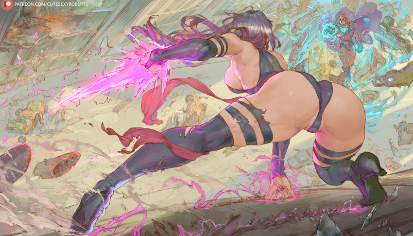 1boy 1girl ass bare_shoulders blue_footwear blue_leotard bodysuit boots breasts bridal_gauntlets cape cutesexyrobutts detached_sleeves energy_blade high_heel_boots high_heels highleg highleg_leotard highres large_breasts leotard long_hair magnetism magneto marvel psylocke purple_hair red_bodysuit sash solo_focus squatting thigh_boots x-men