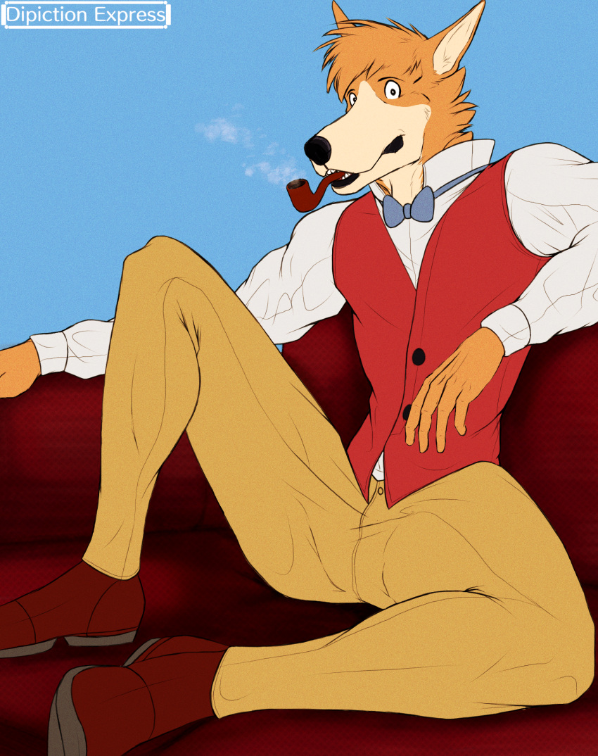 anthro bottomwear bow_tie canid canine canis clothing collared_shirt depictionexpress domestic_dog dress_shirt footwear formal_clothing fur furniture hi_res looking_at_viewer male mammal orange_body orange_fur pants perspective relaxing sherlock_hound shirt shoes simple_background smoke smoking smoking_pipe sofa solo spread_legs spreading suit tan_body tan_fur topwear