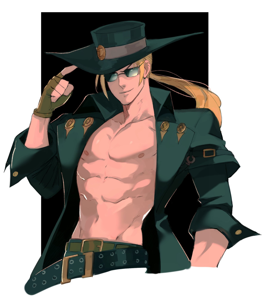 1boy abs bara bare_pectorals belt blonde_hair cropped_legs fingerless_gloves gloves groin guilty_gear guilty_gear_strive hat highres johnny_(guilty_gear) large_belt long_hair looking_at_viewer male_focus multiple_belts muscular muscular_male navel nipples pectorals solo stomach sunglasses tirtyturtle