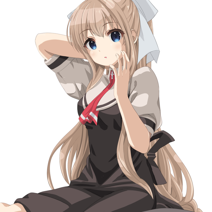 1girl air_(visual_novel) arm_behind_back black_dress blonde_hair blue_eyes commentary_request cross dogu_illust dress eyelashes eyes_visible_through_hair grey_shirt hair_between_eyes hair_ribbon hand_up highres kamio_misuzu light_blush long_hair looking_at_viewer necktie parted_lips ponytail puffy_short_sleeves puffy_sleeves red_necktie ribbon school_uniform shirt short_sleeves sidelocks simple_background sitting solo surprised very_long_hair wariza white_background white_ribbon