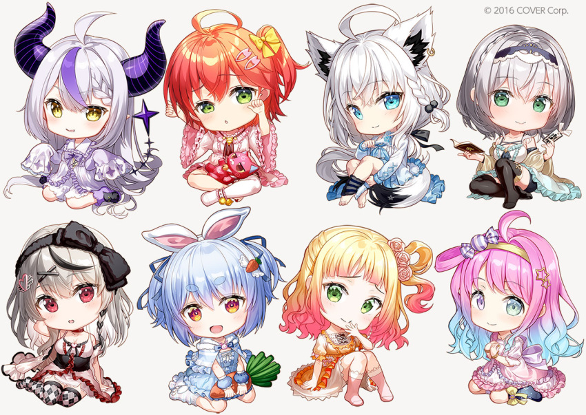 6+girls :d ahoge animal_ears argyle argyle_legwear arm_behind_head arm_up bare_shoulders black_hairband black_skirt black_thighhighs blonde_hair blue_capelet blue_dress blue_eyes blue_hair blue_ribbon blue_socks book breasts candy_hair_ornament capelet chestnut_mouth chibi cleavage closed_mouth collarbone commentary_request demon_horns dress flower food-themed_hair_ornament fox_ears fox_girl fox_tail frilled_capelet frilled_dress frilled_skirt frills fujima_takuya gradient_hair green_eyes grey_background grey_hair hair_between_eyes hair_flower hair_intakes hair_ornament hair_ribbon hairband hairclip heterochromia himemori_luna holding holding_book hololive horns knees_up la+_darknesss large_breasts long_sleeves loungewear medium_breasts momosuzu_nene multicolored_hair multiple_girls no_shoes official_art open_book parted_lips pink_hair print_socks puffy_long_sleeves puffy_short_sleeves puffy_sleeves purple_eyes purple_hair purple_socks rabbit_ears rabbit_hair_ornament red_eyes red_hair ribbon ribbon-trimmed_sleeves ribbon_trim rose sakamata_chloe sakura_miko shirakami_fubuki shirogane_noel shirt short_eyebrows short_sleeves simple_background sitting skirt sleeves_past_fingers sleeves_past_wrists smile socks star_(symbol) star_print streaked_hair striped striped_socks tail thick_eyebrows thighhighs two_side_up usada_pekora virtual_youtuber white_dress white_flower white_hair white_rose white_shirt white_socks wide_sleeves x_hair_ornament yellow_eyes yellow_skirt yokozuwari