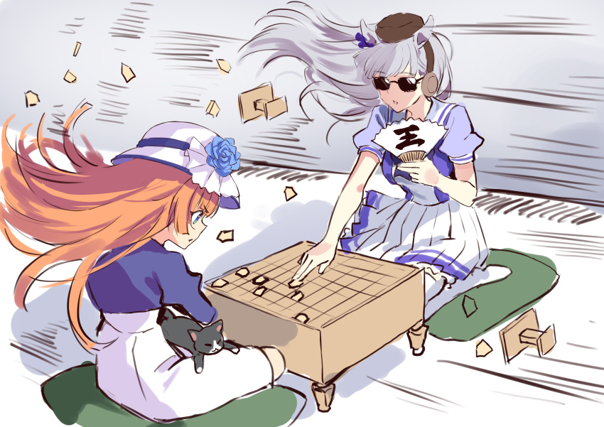 2girls absurdres akikawa_yayoi_(umamusume) animal_ears animal_on_lap blue_flower blue_rose blunt_bangs board_game bow brown_headwear cat cat_on_lap commentary_request cushion ear_bow floating_hair flower folding_fan gold_ship_(umamusume) grey_hair hand_fan hand_fan_writing hat hat_flower hat_ornament hat_ribbon headgear high-waist_skirt highres holding holding_fan horse_ears horse_girl jacket long_hair looking_down motsunabe_(mo2nap3) multiple_girls on_lap orange_hair pillbox_hat pleated_skirt puffy_short_sleeves puffy_sleeves purple_bow purple_jacket purple_ribbon purple_shirt ribbon rose sailor_collar school_uniform seiza shirt shogi short_sleeves sitting sketch skirt speed_lines summer_uniform sun_hat sunglasses thighhighs tracen_school_uniform train umamusume white_sailor_collar white_skirt white_thighhighs wind zabuton