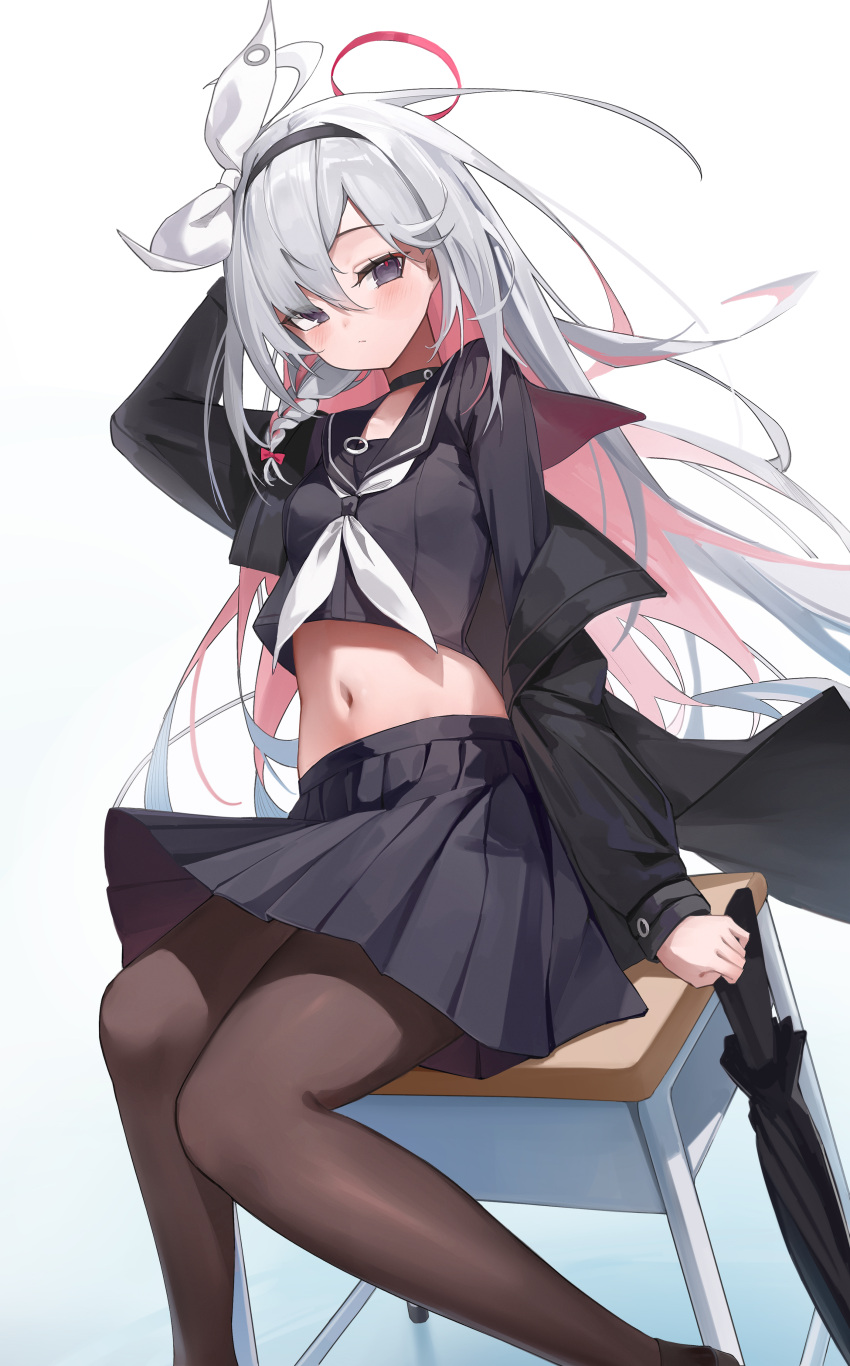 1girl a.r.o.n.a_(blue_archive) absurdres arm_up berserker_r black_choker black_eyes black_jacket black_sailor_collar black_serafuku black_shirt black_skirt blue_archive breasts brown_pantyhose choker colored_inner_hair crop_top crop_top_overhang desk expressionless hair_ribbon hairband halo highres jacket long_hair long_sleeves looking_at_viewer midriff miniskirt multicolored_hair navel neckerchief off_shoulder on_desk open_clothes open_jacket pantyhose pleated_skirt ribbon sailor_collar school_uniform serafuku shirt sitting sitting_on_desk skirt small_breasts solo stomach umbrella white_hair