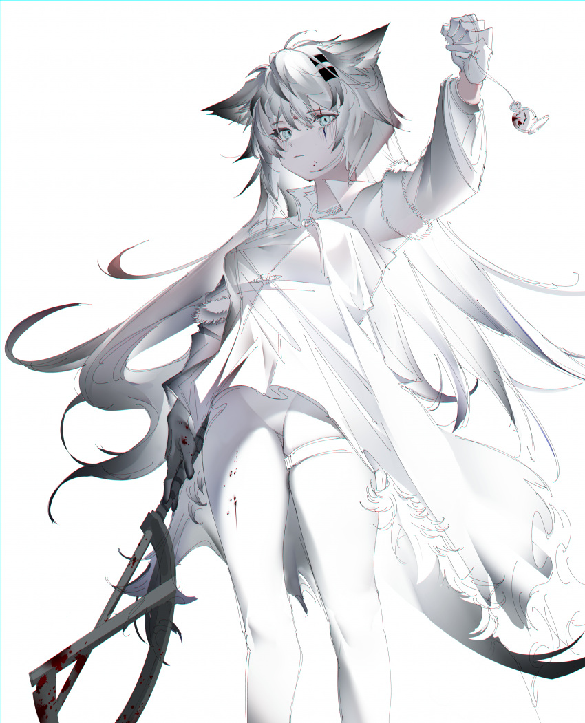 1girl absurdres animal_ear_fluff animal_ears arknights black_hair blood blood_on_face blood_on_weapon breasts coat dress gloves grey_eyes hair_between_eyes highres holding holding_pocket_watch holding_sword holding_weapon jewelry lappland_(arknights) long_hair long_sleeves looking_at_viewer necklace panties pocket_watch scar scar_across_eye scar_on_face soda_(sod4) solo sword tail thigh_strap thighhighs thighs underwear watch weapon white_background white_coat white_dress white_fur white_gloves white_hair white_panties white_sleeves white_thighhighs wolf_ears wolf_girl wolf_tail