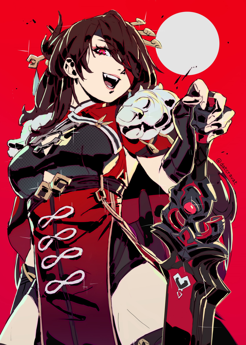 1girl absurdres artist_name beidou_(genshin_impact) breasts brown_hair colored_eyepatch datcravat dress earrings eyepatch fingerless_gloves fur_collar genshin_impact gloves hair_ornament hair_stick highres holding holding_sword holding_weapon jewelry long_hair looking_at_viewer one_eye_covered open_mouth pelvic_curtain red_background red_dress red_eyes single_earring solo sword teeth thighs upper_teeth_only weapon