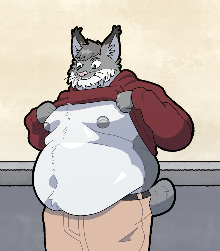 anthro belly belt big_belly blue_eyes cheek_tuft clothed clothing clothing_lift ear_tuft echo_(game) echo_(series) echo_project exposed_belly eyebrows facial_tuft felid feline fruppyo fur gainer grey_body grey_fur grey_hair grey_nipples hair hi_res hoodie hoodie_lift khaki_pants love_handles lynx male mammal moobs navel nipples obese obese_anthro obese_male overweight overweight_anthro overweight_male pink_nose raised_eyebrow red_clothing red_hoodie red_topwear shirt shirt_lift simple_background smile solo tj_hess topwear tuft weight_gain whiskers white_body white_fur