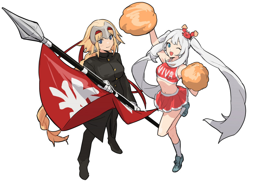 2girls black_pants black_shirt blonde_hair blue_eyes buttons cheering cheerleader crab_on_head crop_top fate/grand_order fate_(series) flag from_above headpiece highres holding holding_flag holding_pom_poms jeanne_d'arc_(fate) long_braid long_hair long_sleeves marie_antoinette_(fate) miniskirt multiple_girls no-kan pants pleated_skirt pom_pom_(cheerleading) red_shirt red_skirt school_uniform shirt shoes sidelocks skirt sneakers socks standard_bearer standing twintails very_long_hair white_background white_hair white_socks