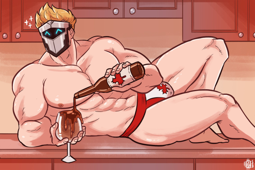 1boy ^_^ abs bara blonde_hair broad_shoulders bulge canadian_flag_print closed_eyes cup drinking_glass feet_out_of_frame highres indie_virtual_youtuber kitchen large_pectorals looking_to_the_side lying male_focus male_underwear maple_syrup mask masked_himbo_(silvyspark) muscular muscular_male navel nipples on_side pectorals photo-referenced pouring red_male_underwear scruffyturtles second-party_source short_hair solo sparkle stomach thick_thighs thighs topless_male underwear wine_glass