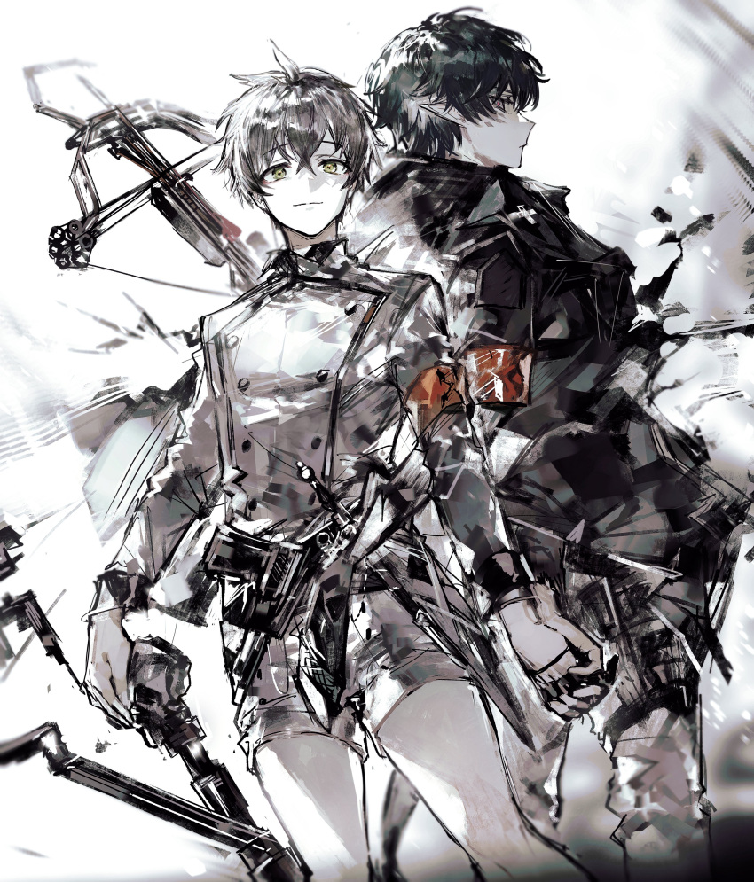 2boys absurdres arknights armband black_hair black_jacket crossbow eyeshadow faust_(arknights) grey_hair highres holding_hands jacket limited_palette looking_at_viewer makeup male_focus mephisto_(arknights) multiple_boys oripathy_lesion_(arknights) pointy_ears red_eyes red_eyeshadow remsrar reunion_logo_(arknights) short_hair shorts smile standing uniform weapon white_jacket white_shorts yellow_eyes