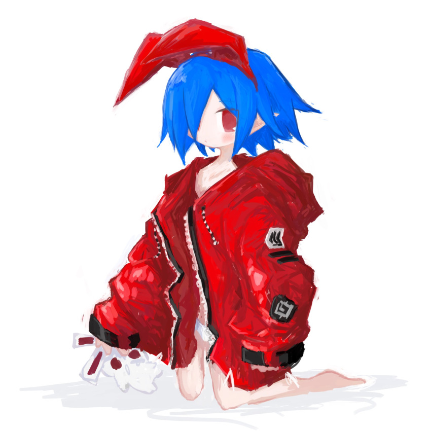 1girl barefoot blue_hair blush closed_mouth coat disgaea hair_over_one_eye highres holding holding_stuffed_toy kneeling long_sleeves open_clothes open_coat panties pleinair pointy_ears red_coat red_eyes reitoubeef short_hair simple_background solo stuffed_animal stuffed_rabbit stuffed_toy underwear usagi-san white_background white_panties