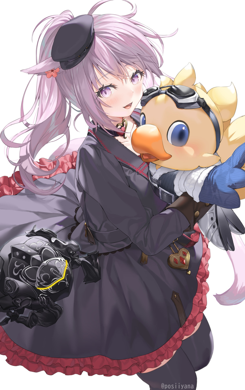 1girl absurdres alpha_(ff14) animal_ears bird black_dress black_headwear black_thighhighs blush cat_ears cat_girl cat_tail chocobo dress facial_mark final_fantasy final_fantasy_xiv frilled_dress frills goggles goggles_on_head highres holding lace_collar long_hair looking_at_viewer miqo'te omega_(final_fantasy) purple_eyes round simple_background tail thighhighs white_background yana_mori