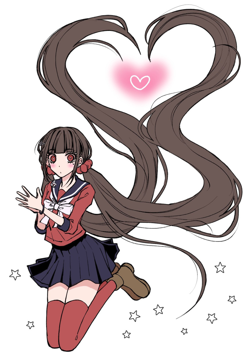 1girl black_sailor_collar black_skirt blunt_bangs blush bow bowtie brown_footwear brown_hair danganronpa_(series) danganronpa_v3:_killing_harmony full_body grey_bow grey_bowtie hair_ornament hair_scrunchie hair_up hairclip harukawa_maki heart heart_hair highres long_hair low_twintails miniskirt mole mole_under_eye own_hands_together pleated_skirt red_eyes red_scrunchie red_shirt red_thighhighs sailor_collar satori_(aosky9077) scrunchie shirt skirt solo star_(symbol) thighhighs twintails very_long_hair white_background zettai_ryouiki