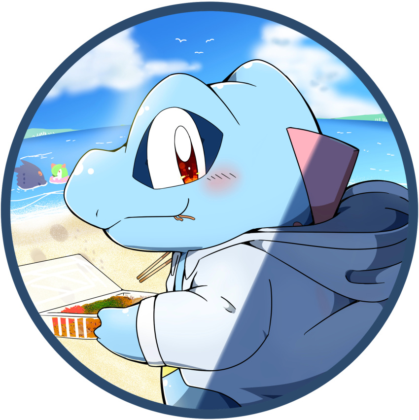 beach bento blush brown_eyes chopsticks closed_mouth clothed_pokemon food food_in_mouth gengar highres holding holding_chopsticks hood hood_down hooded_jacket innertube jacket kirlia noodles nostrils open_clothes open_jacket pokemon round_image shore tatu_wani totodile water white_jacket