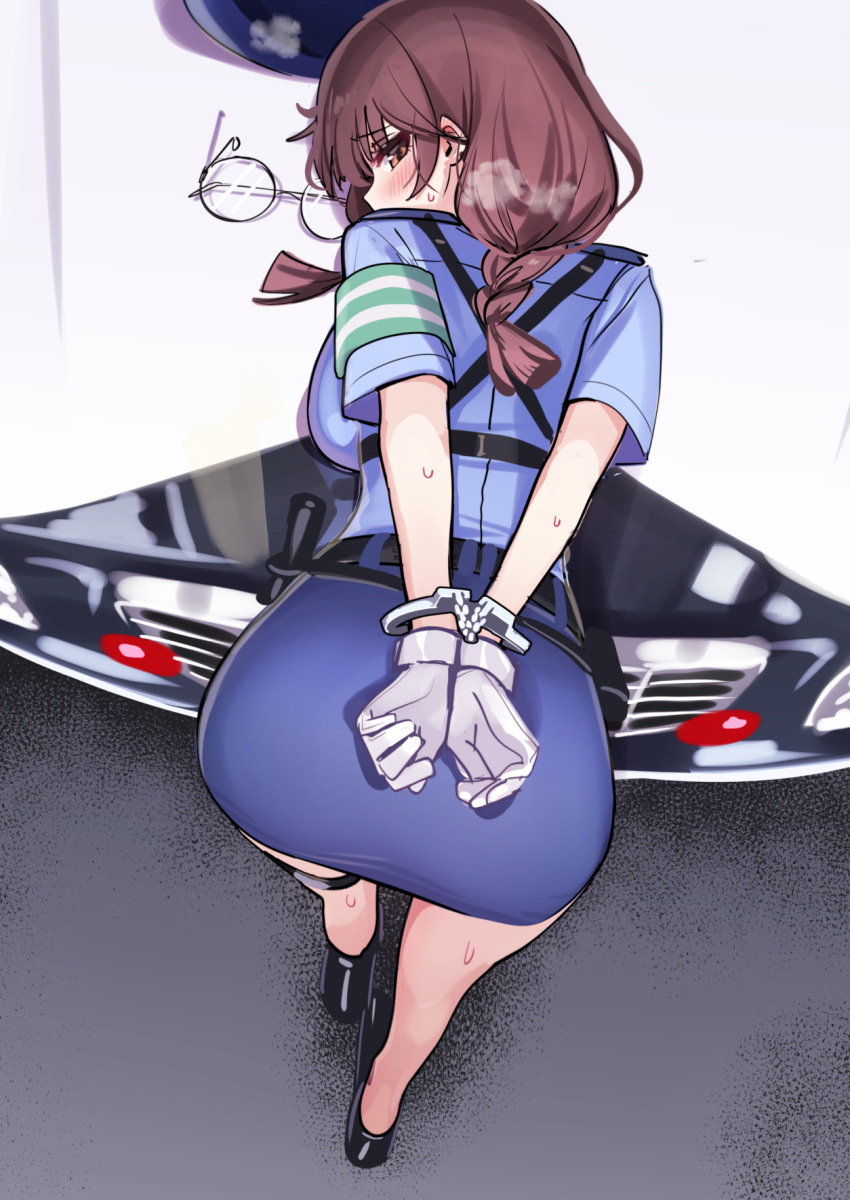 1girl ass badge belt black_footwear blue_shirt blue_skirt blush bound bound_wrists braid brown_eyes brown_hair car cuffs deadnooodles glasses gloves handcuffs highres looking_at_viewer looking_back motor_vehicle original police police_uniform policewoman puffy_short_sleeves puffy_sleeves restrained shirt short_sleeves skirt solo thigh_strap twin_braids uniform white_gloves