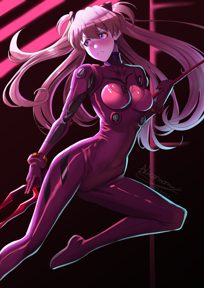 1girl bident blush bodysuit breasts commentary_request frown highres holding holding_polearm holding_weapon impossible_bodysuit impossible_clothes lance_of_longinus_(evangelion) medium_breasts neon_genesis_evangelion nicomamu plugsuit polearm red_bodysuit solo souryuu_asuka_langley spanish_commentary two_side_up v-shaped_eyebrows weapon