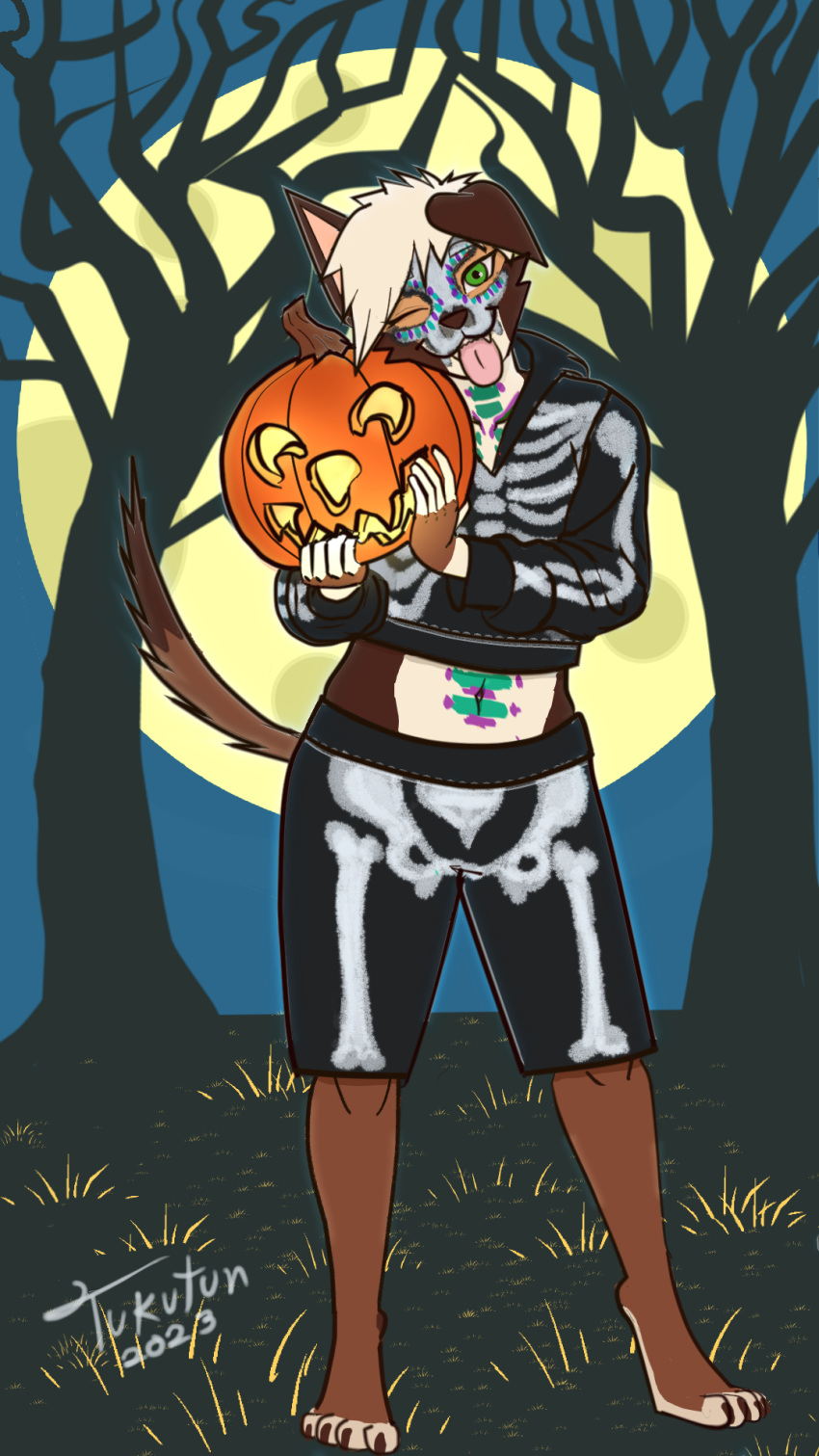 9:16 ambiguous_gender anthro barefoot bodypaint bone canid canine canis ceci_soto_(tukutun) clothing costume day_of_the_dead domestic_dog fangs feet female glowing grass green_eyes hair halloween halloween_costume hi_res holidays jack-o'-lantern looking_at_viewer male male/female mammal moon one_eye_closed pink_tongue plant pose skeleton solo standing tail teeth tomboy tongue tongue_out tree tukutun white_hair wink winking_at_viewer