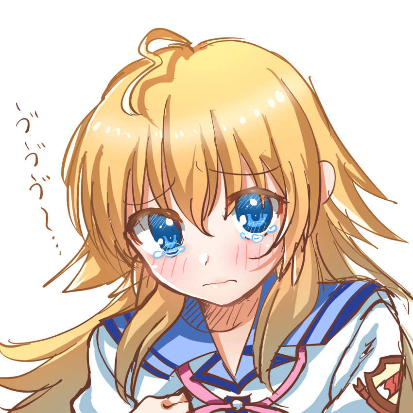 1girl angel_beats! blonde_hair blue_eyes blue_sailor_collar blush close-up closed_mouth commentary_request eyes_visible_through_hair frown furrowed_brow hair_between_eyes highres long_hair looking_at_viewer sad sailor_collar sekine_shiori shinda_sekai_sensen_uniform shirt simple_background sketch solo sound_effects spiked_hair tears translated upturned_eyes white_background white_shirt wilted_ahoge zuzuhashi