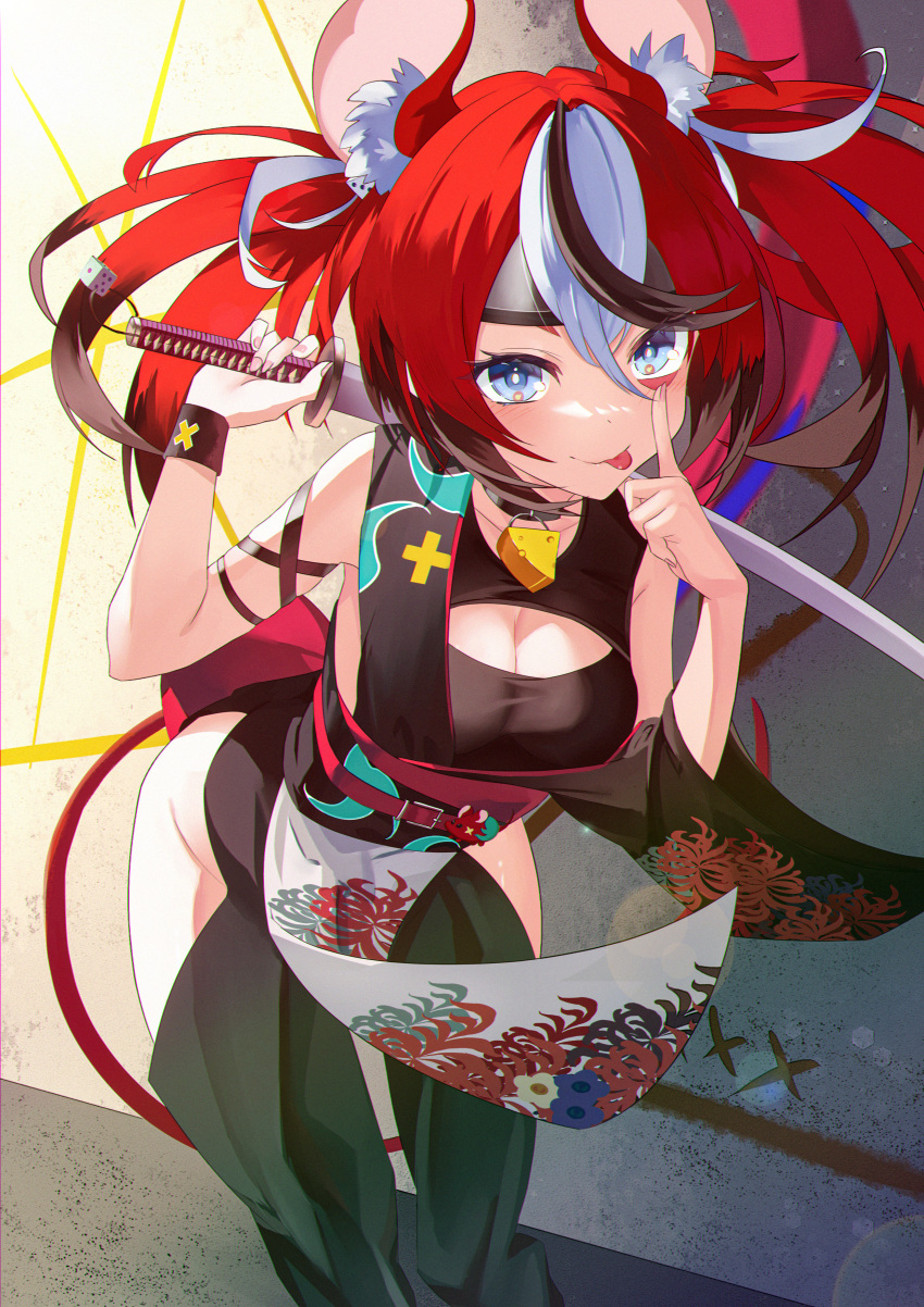 1girl :p absurdres akanbe animal_ears asymmetrical_clothes black_hair blue_eyes blush breasts cleavage finger_to_eye hakama hakama_pants hakos_baelz headband highres hip_vent hololive hololive_english japanese_clothes jiang_ye_kiri kanana kimono leaning_forward looking_at_viewer medium_breasts mouse_ears mouse_girl mouse_tail multicolored_hair ninja over_shoulder pants pelvic_curtain red_hair sleeveless solo streaked_hair sword sword_over_shoulder tail tongue tongue_out twintails virtual_youtuber weapon weapon_over_shoulder white_hair