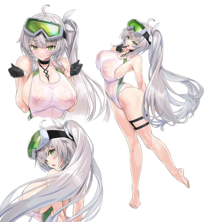 1girl absurdres ahoge air_mattress bikini breasts cameltoe cleavage commission competition_swimsuit covered_nipples full_body green_eyes grey_hair hair_ornament highleg highres indie_virtual_youtuber kiyama_satoshi large_breasts long_hair looking_at_viewer lotion micro_bikini multiple_views no_shoes one-piece_swimsuit rimuchi_(virtual_youtuber) side_ponytail skeb_commission smile solo standing swimsuit toes tongue tongue_out virtual_youtuber white_one-piece_swimsuit