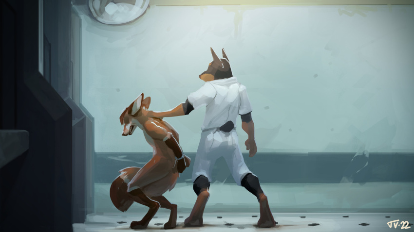 2022 absurd_res anthro barefoot biped canid canine canis clothed clothed_anthro clothed_male clothing cuff_(restraint) dobermann domestic_dog dominant dominant_anthro dominant_male feet fox handcuffed handcuffs hi_res male mammal metal_cuffs nude pinscher restraints standing submissive submissive_anthro tempestus_vulpis
