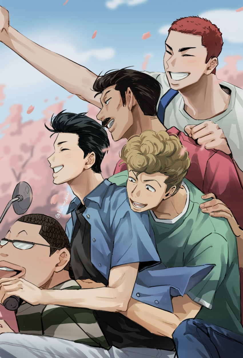 5boys :d arm_on_another's_shoulder arm_up beaker_pour black_eyes black_hair black_shirt blonde_hair blue_shirt blush brown_hair buzz_cut cherry_blossoms closed_eyes dark-skinned_male dark_skin denim driving facial_hair falling_petals fat fat_man glasses green_shirt group_picture hand_on_handle highres hug hug_from_behind jeans looking_at_another male_focus mito_youhei multiple_boys mustache noma_chuuichirou on_motorcycle ookusu_yuuji outdoors pants petals pompadour red_hair red_shirt sakuragi_hanamichi shirt short_hair slam_dunk_(series) smile striped striped_shirt takamiya_nozomi toned toned_male upper_body very_short_hair white_shirt