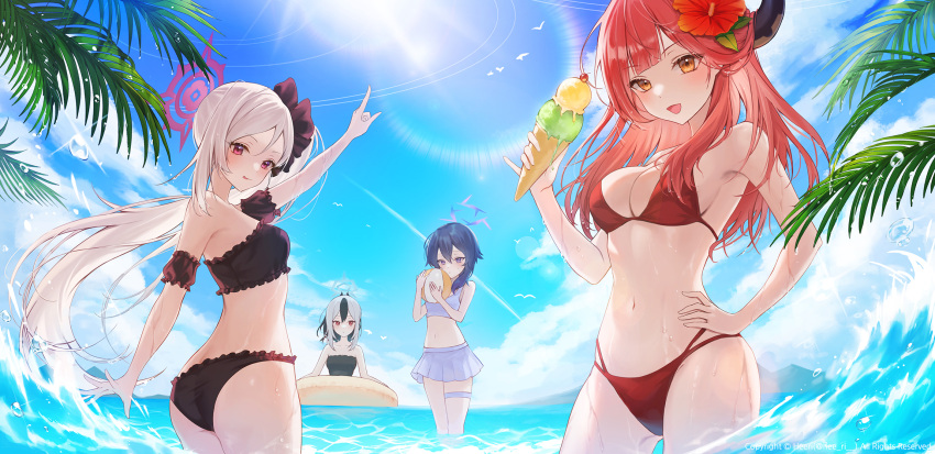 4girls :d alternate_costume arm_up aru_(blue_archive) ball beachball bikini black_bikini black_hair black_one-piece_swimsuit blue_archive blue_sky blunt_bangs breasts cleavage cloud cloudy_sky commentary_request demon_girl demon_horns food forehead frilled_bikini frills hair_between_eyes hair_ornament hair_scrunchie halo hand_on_own_hip haruka_(blue_archive) heeri highres holding holding_ball holding_beachball holding_food holding_innertube horizon horns ice_cream_cone in_water innertube kayoko_(blue_archive) lens_flare long_hair looking_at_viewer multicolored_hair multiple_girls mutsuki_(blue_archive) navel ocean one-piece_swimsuit outdoors parted_bangs pointing pointy_ears ponytail purple_bikini purple_eyes purple_hair red_bikini red_hair scrunchie shallow_water short_hair short_hair_with_long_locks side_ponytail sidelocks sky sleeveless smile stomach strapless strapless_swimsuit sun sunlight swimsuit thighlet two-tone_hair water white_hair yellow_eyes