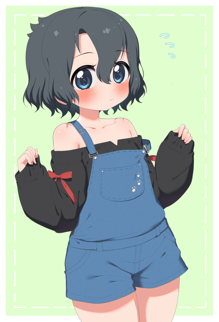 1girl alternate_costume bare_shoulders black_hair black_shirt blue_eyes blue_overalls blue_shorts blush cowboy_shot flying_sweatdrops hair_between_eyes highres kaban_(kemono_friends) kemono_friends overalls puffy_sleeves ransusan shirt short_hair short_shorts shorts sidelocks solo suspenders