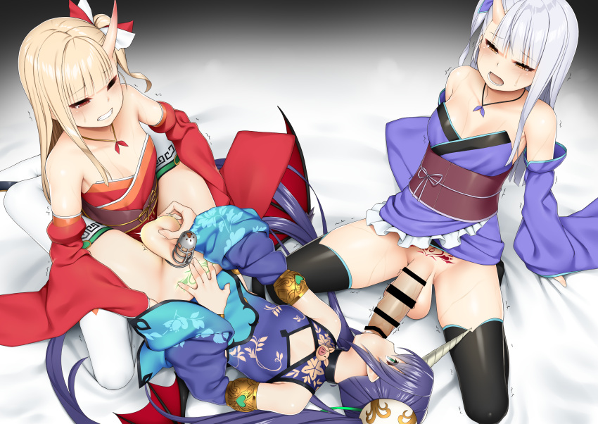 3girls absurdres anal armlet armpits beelzebub_(the_seven_deadly_sins) black_thighhighs blue_hair blunt_bangs breasts caressing_testicles chastity_cage cheek_bulge china_dress chinese_clothes cleavage_cutout clenched_teeth clothing_cutout collar collarbone commission cum cum_in_mouth dark_blue_hair dark_penis demon_girl detached_sleeves dress fellatio full-package_futanari futanari gokkun green_eyes heart highres horns japanese_clothes jewelry kamata_yuuya kimono large_testicles leg_lock long_hair multiple_girls necklace non-web_source one_eye_closed open_mouth oral penis pig pointy_ears pubic_tattoo red_eyes saliva siblings side_ponytail sidelocks skeb_commission small_breasts sweat sweatdrop tattoo teeth testicles the_seven_deadly_sins thighhighs trembling twins twintails veins veiny_penis very_long_hair white_thighhighs yellow_eyes yukata