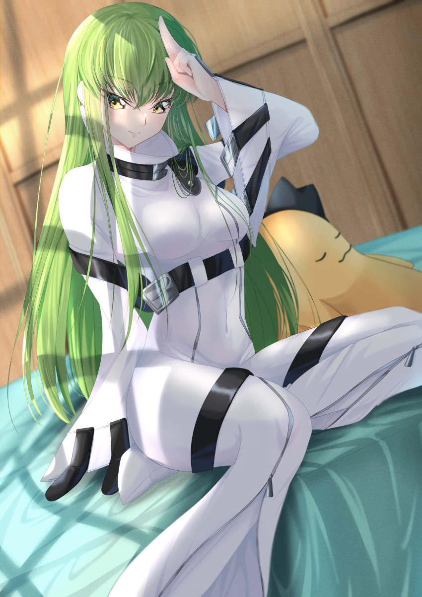 1girl absurdres arm_up bed_sheet breasts budgiepon cheese-kun closed_mouth code_geass green_hair highres index_finger_raised indoors jumpsuit long_hair looking_at_viewer medium_breasts pillow shadow sitting smile solo sunlight taut_clothes white_jumpsuit wide_sleeves wooden_wall yellow_eyes