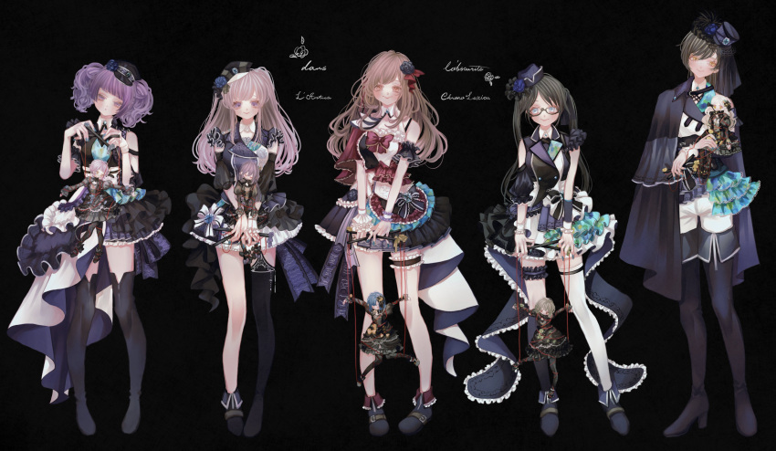 5girls absurdres bangs black_background black_hair blue_eyes boots brown_hair character_request commentary_request diagonal_bangs frilled_skirt frills full_body glasses grey_hair hair_ornament hat highres idolmaster idolmaster_shiny_colors l'antica_(idolmaster) looking_at_viewer marionette mini_hat mitsumine_yuika multiple_girls puppet purple_hair shirase_sakuya single_boot single_thigh_boot skirt tanaka_mamimi thigh_boots thigh_strap tsukioka_kogane twintails ufumayo yukoku_kiriko