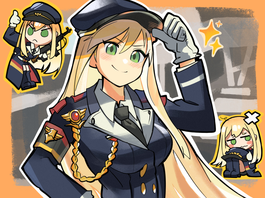 adjusting_clothes adjusting_headwear armband assault_rifle belt blonde_hair boots chesed_(uporyz) chibi commission commissioner_upload girls'_frontline gloves green_eyes gun hand_on_own_hip hat highres looking_at_viewer military_hat military_uniform necktie rifle shirt skeb_commission smile stg44 stg44_(girls'_frontline) thumbs_up uniform weapon white_gloves white_shirt