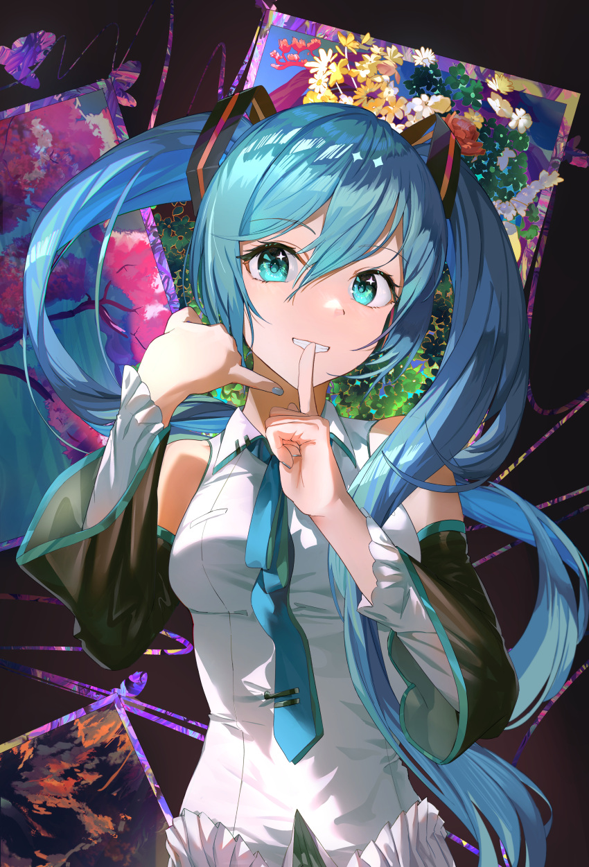 1girl absurdres black_sleeves blue_eyes blue_hair blue_nails blue_necktie breasts collared_shirt commentary_request detached_sleeves flower grin hair_between_eyes hands_up hatsune_miku highres long_hair long_sleeves medium_breasts mosta_(lo1777789) nail_polish necktie painting_(object) shirt sleeveless sleeveless_shirt smile solo tie_clip twintails very_long_hair vocaloid white_shirt wide_sleeves yellow_flower