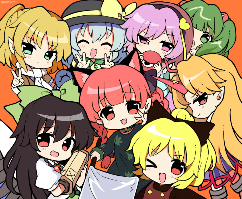 &gt;_o 6+girls ^_^ animal_ears arm_cannon black_bow black_hair black_hairband black_headwear blonde_hair bow cat_ears closed_eyes commentary double_w dress extra_ears fang green_bow green_dress green_eyes green_hair hair_bobbles hair_bow hair_ornament hairband hat hat_bow heart highres horns hoshiguma_yuugi kaenbyou_rin kisume komeiji_koishi komeiji_satori kurodani_yamame light_green_hair long_hair mizuhashi_parsee multiple_girls one_eye_closed oni_horns open_mouth orange_background orange_hair pink_eyes pink_hair pointy_ears ramudia_(lamyun) red_eyes red_hair red_horns reiuji_utsuho short_hair short_sleeves simple_background single_horn smile star_(symbol) subterranean_animism third_eye touhou two_side_up v w weapon wheelbarrow yellow_bow