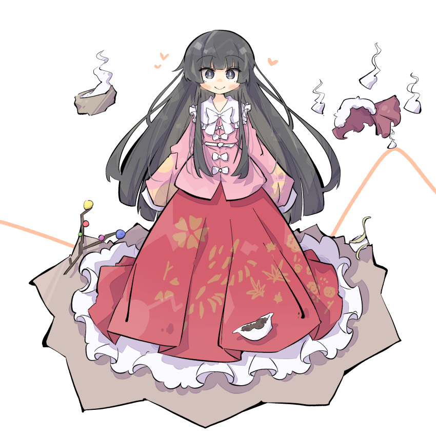 1girl black_hair blush_stickers bow bowl branch cape closed_mouth cowry_shell fur-trimmed_cape fur_trim heart highres houraisan_kaguya jeweled_branch_of_hourai kaguya_hime long_hair long_skirt looking_at_viewer petticoat pink_shirt primsla red_skirt seashell shell shirt skirt smile solo steam taketori_monogatari touhou white_background white_bow