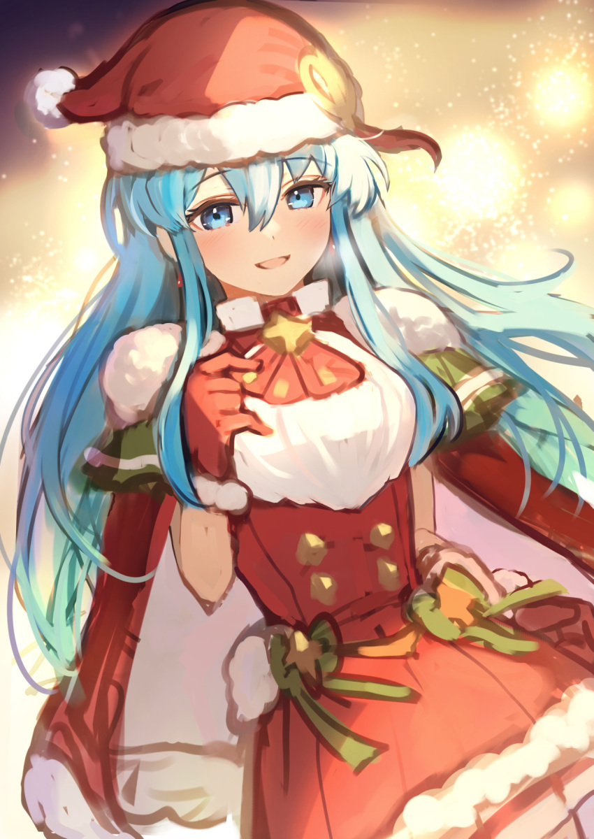 1girl :d aqua_eyes aqua_hair dress eirika_(fire_emblem) eirika_(winter)_(fire_emblem) fire_emblem fire_emblem:_the_sacred_stones fire_emblem_heroes fur_trim gloves hair_between_eyes hat highres long_hair looking_at_viewer nakabayashi_zun official_alternate_costume open_mouth red_dress red_gloves santa_dress santa_hat sidelocks smile solo unfinished