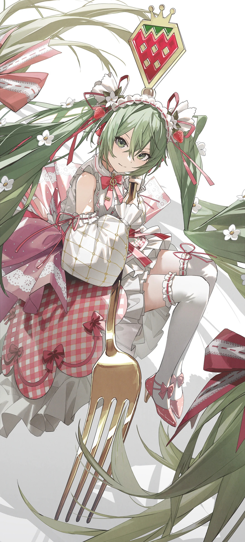 1girl closed_mouth detached_sleeves dress flower food-themed_hair_ornament fork frilled_dress frilled_headwear frilled_thighhighs frills green_eyes green_hair hair_between_eyes hair_flower hair_ornament hatsune_miku high_heels highres holding holding_fork kieed looking_at_viewer oversized_object polka_dot_footwear puffy_detached_sleeves puffy_sleeves sidelocks solo strawberry_hair_ornament strawberry_miku_(morikura) thighhighs twintails vocaloid white_flower white_thighhighs zettai_ryouiki